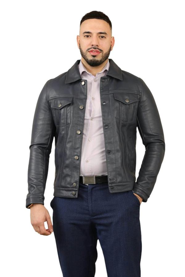 Elaina Fashion Men's Classic PU Jacket - Navy