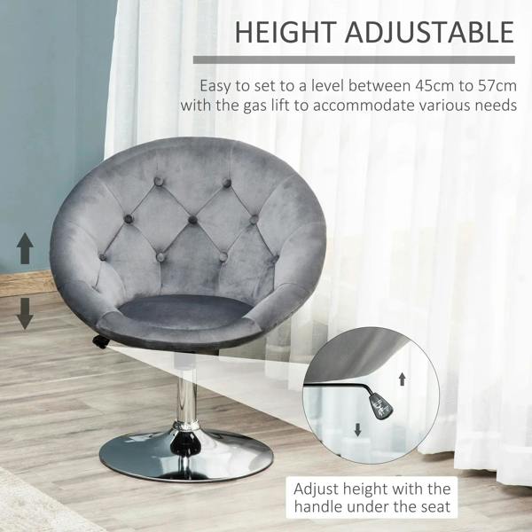 Grey height-adjustable swivel vanity stool with padded tub seat and button tufting