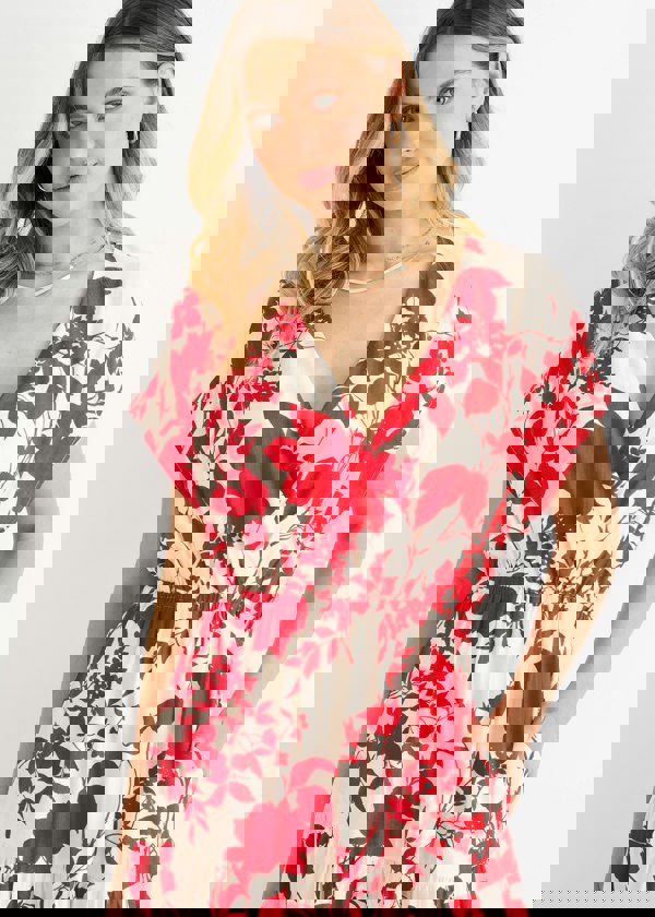 Gini London Red Floral Elastic Waist Maxi Dress