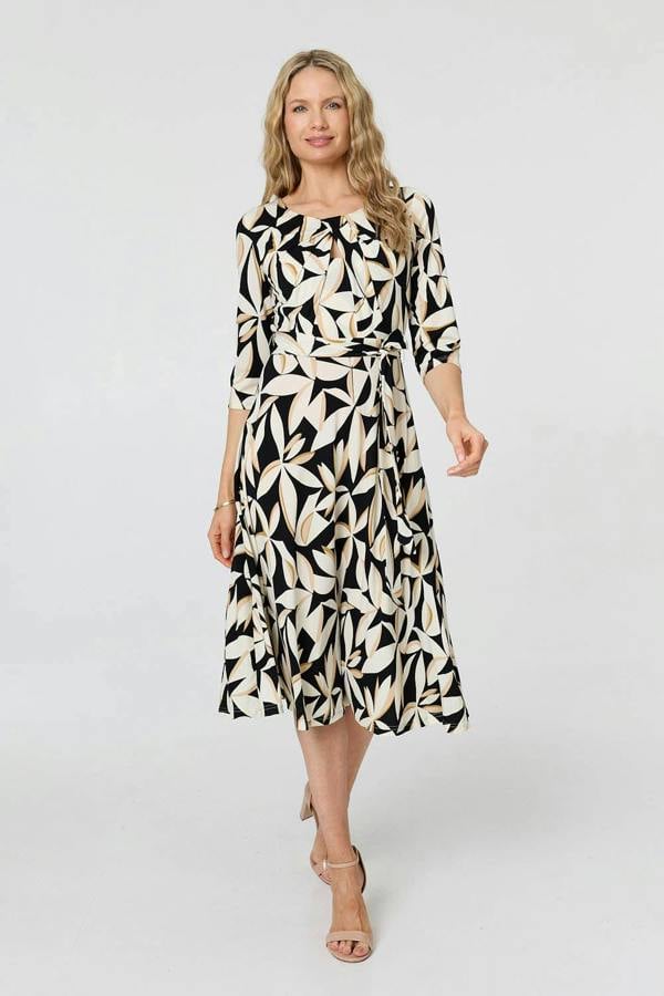 Black | Leaf Print 3/4 Sleeve Midi Tie Dress
