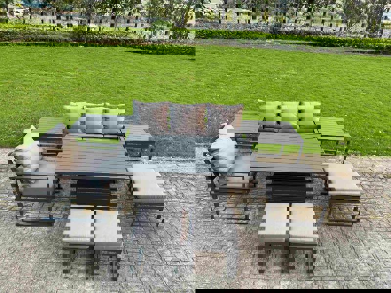 Fimous 7 Seater Aluminium Outdoor Dining Set with Adjustable Rising Dining Table, Chairs, 3 Footstools, 2 Side Tables - Dark Grey