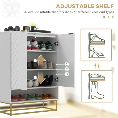 Wyld Haus Cosu White Wooden Chevron Shoe Cupboard With Bottom Shelf and Gold Accents For 12 Pairs