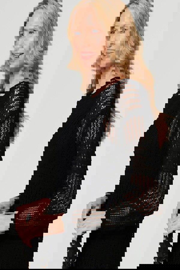 Black | Semi Sheer Mesh Layered Long Sleeve Top
