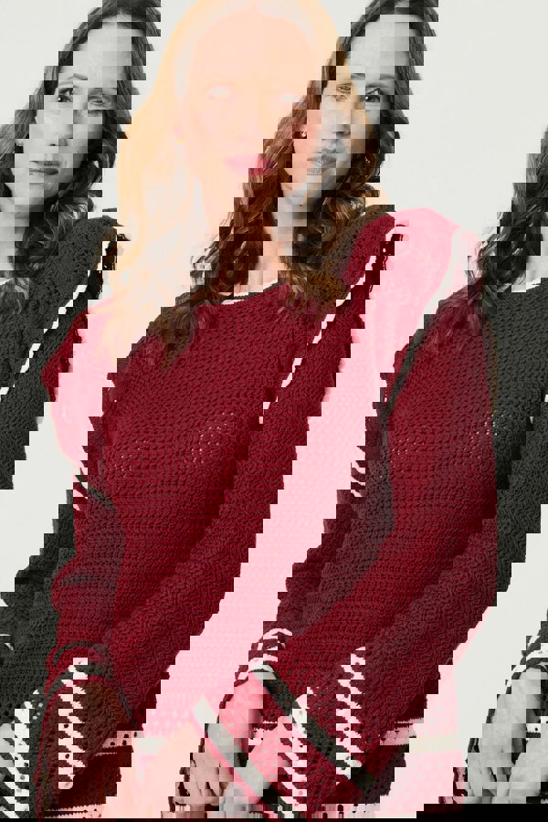 Red | Crochet Knit Frilled Hem Jumper
