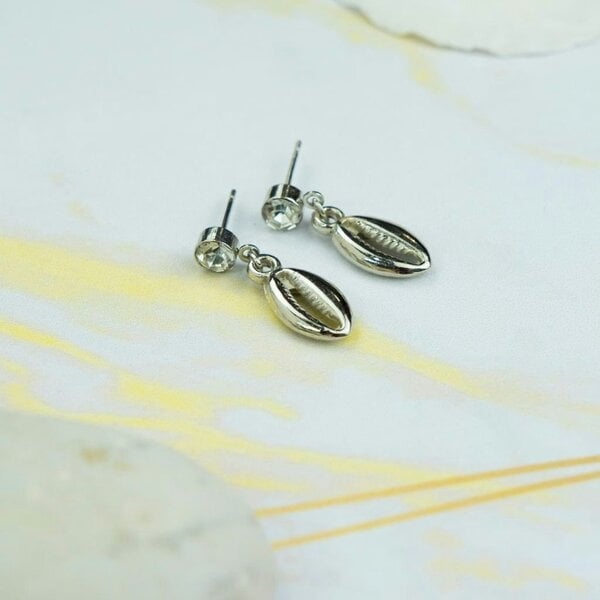 The Colourful Aura Silver Cowrie Charm Beach Sea Shell Zircon Handmade Dangle Drop Studs Earrings