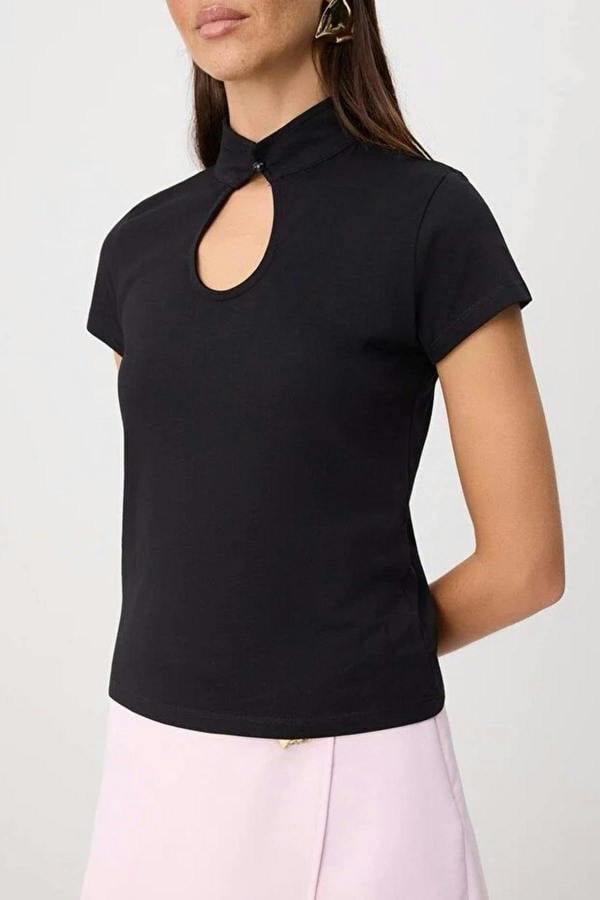 Striped Regular Fit Keyhole Neck Short Sleeve Cotton Knit Blouse