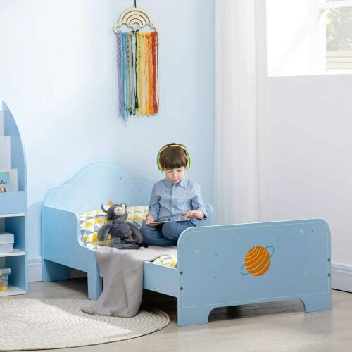 Bobobiy ZONEKIZ Space Themed Toddler Bed, Kids Bedroom Furniture, with Safety Rails - Blue