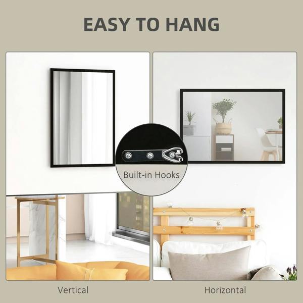 Rectangular black wall mirror with built-in hanging hooks, shown both orientations