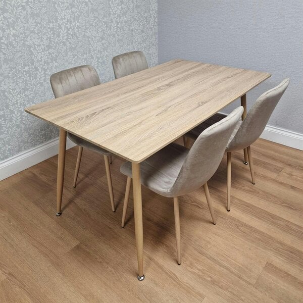KOSY KOALA 4 Seater Modern Dining Table 140cm with Wood Effect Metal Leg and 4 Beige Chairs  for Kitchen & Dining Room Furniture Set