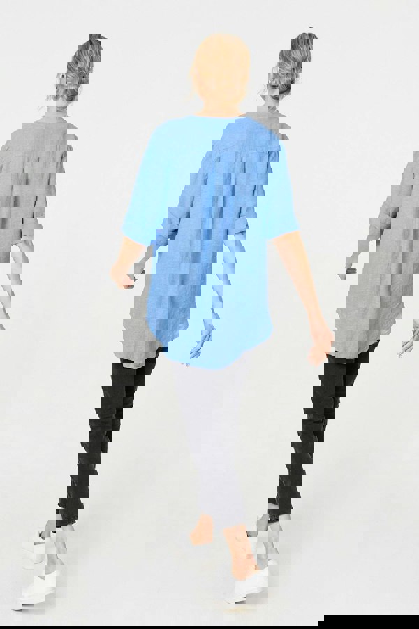 Blue | Button Detail 1/2 Sleeve V-Neck Blouse
