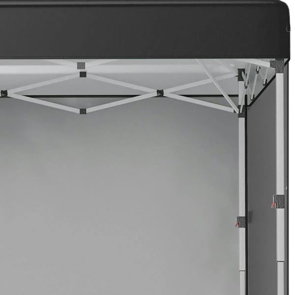 Black pop up gazebo frame close-up with canopy supports and sidewall attachment