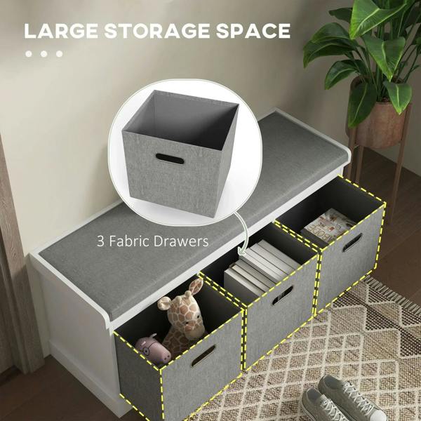 White shoe storage bench with open three gray fabric drawers for shoe storage