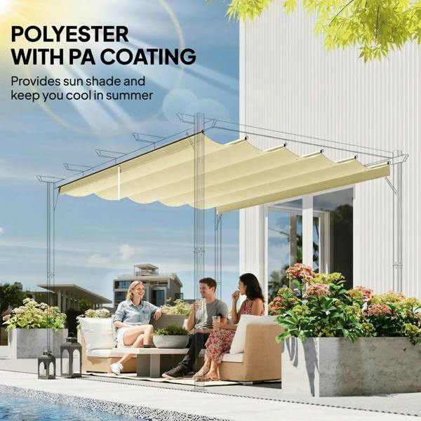 Retractable pergola canopy cover with cream fabric roof, roof-top only