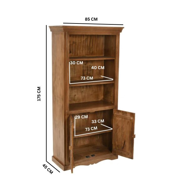 Wyld Haus Brighton Mango Wood Large Bookcase 3 Shelves and 2 Doors
