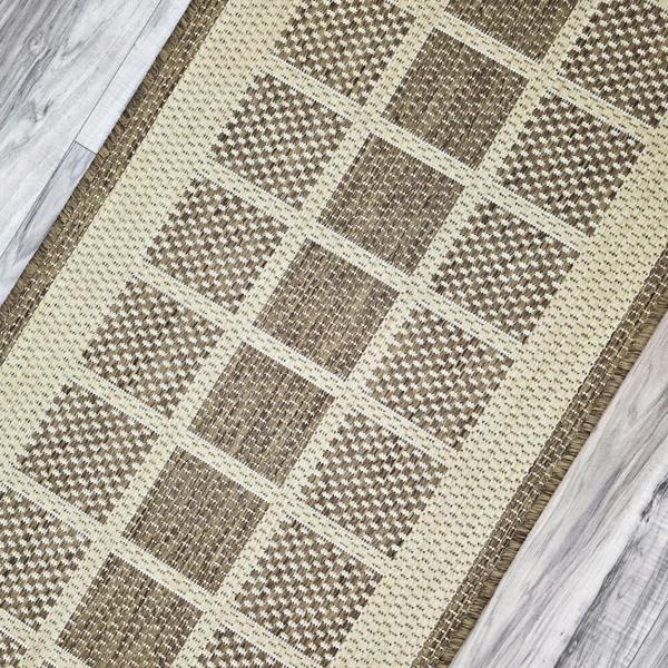 Viva Rugs Non-Slip Beige Brown Rug Geometric Border Design Flat Weave Kitchen Dining Room Living Room Area Mat