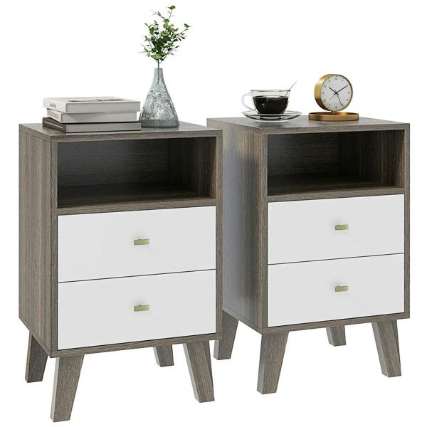 Grey bedside table set with open shelves and two drawers, square wooden legs