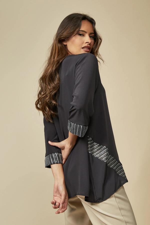 Hoxton Gal 3/4 Sleeves Relaxed Fit Black Top with Grey Details