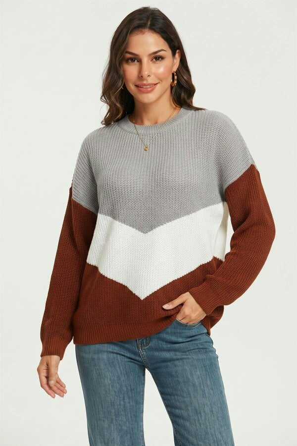FS Collection Colour Block Chevron Crew Neck Knitted Jumper