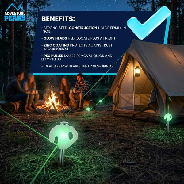Adventure Peaks Steel Tent Pegs with Glow Heads - Set of 20 Zinc Plated Metal Ground Pegs with Peg Puller, Camping & Gazebo Pegs