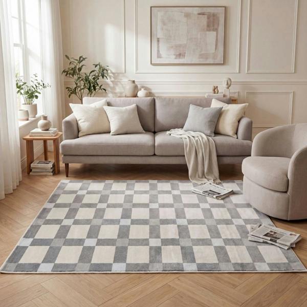 Living room with a gray sofa, checkered rug, and decorative elements.