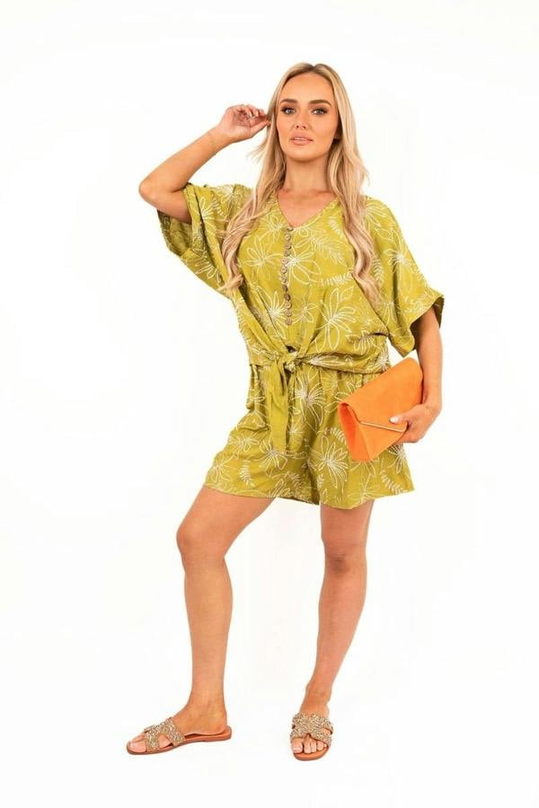 Azaira Button Front Short Sleeve Co-ord Set With Tie Waist - Avocado