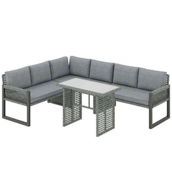 6 Seater Rattan Garden Furniture Set with 3 Loveseats, Table, Patio Rattan Furniture Corner Sofa Set, Grey