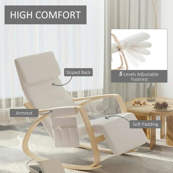 Cream white rocking lounge chair recliner with soft padding and 5-level adjustable footrest