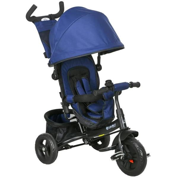 Kids trike push bike with dark blue canopy, 5-point harness seat, and storage basket