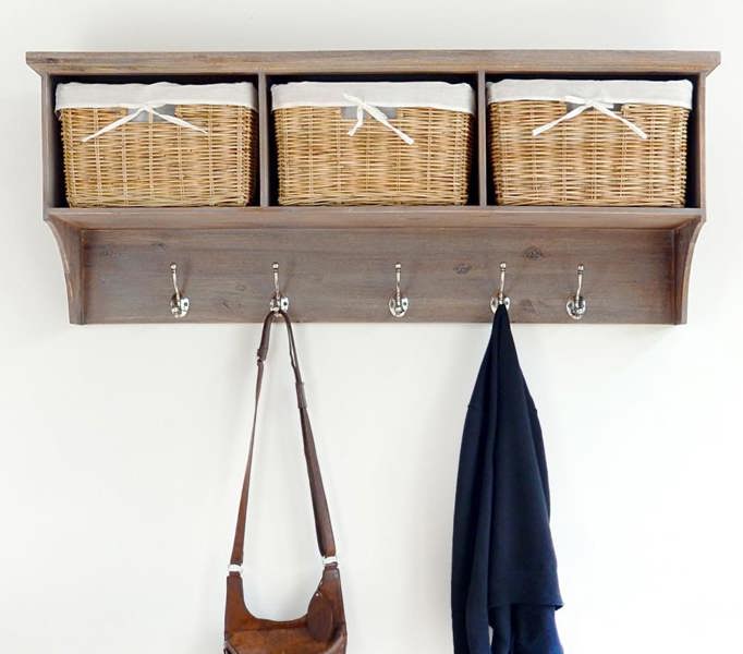 Tetbury Acacia Wood Hanging Shelf with Coat Hooks and Storage Baskets