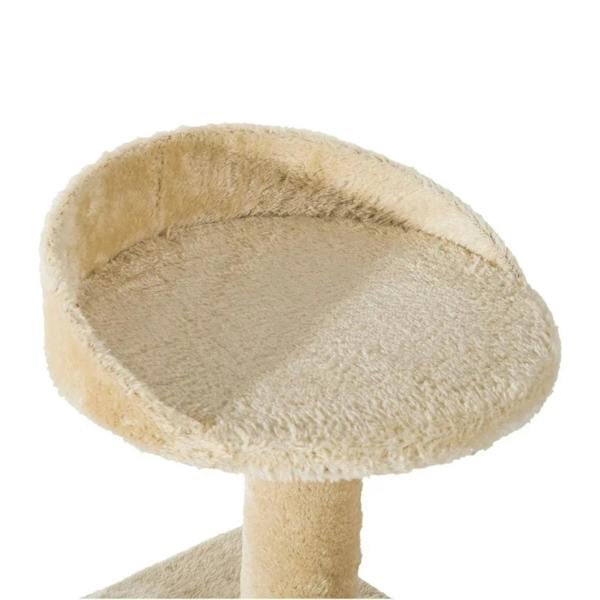 Beige round top perch with soft fabric cover on a cat tree tower