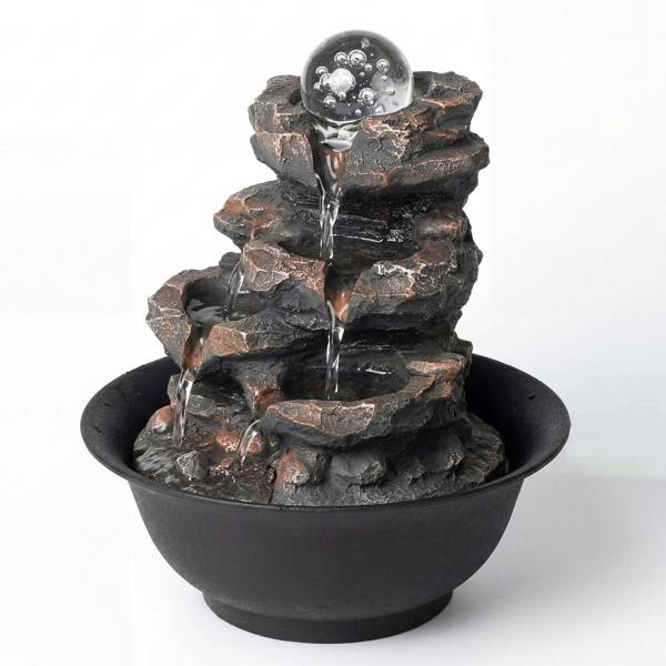 Spector Water Fountain Tabletop Glass Ball Feature 3-Speed Flow Resin Rock Brown