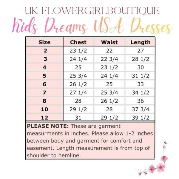 Measurement chart for kids' dresses from UK Flowergirl Boutique and Kids Dreams USA on a white background.