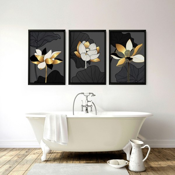 Bathroom decor black and Gold | set of 3 framed wall art