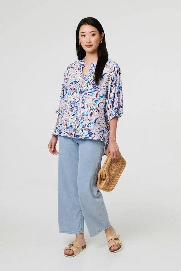 Blue | Abstract Curve Hem 3/4 Sleeve Shirt
