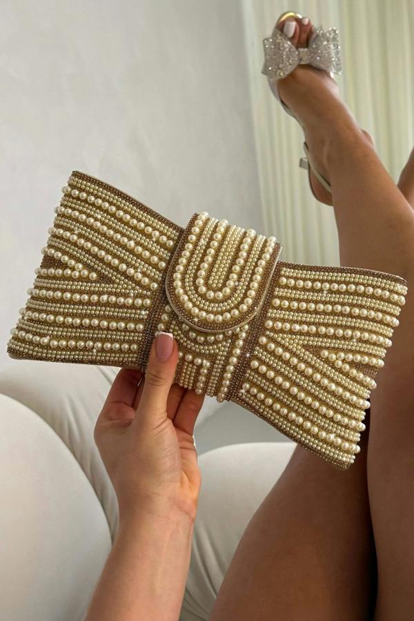 Sparkly Pearl Bow Clutch Bag Gold finished with magnetic flap closure