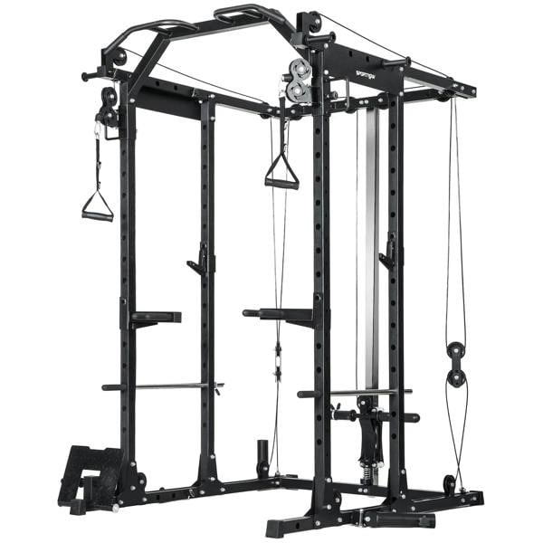 Black home gym lat pull-down and cable crossover machine with pulley system frame