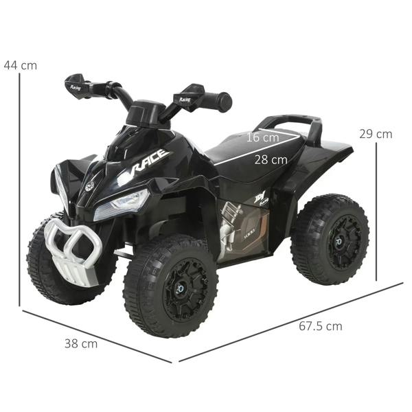 Black kids ride-on sliding quad with dimensions, handlebar, knobby tires