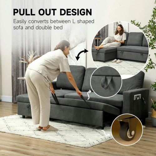 Wyld Haus Sesune Yoli Charcoal Grey Upholstered Pull Out Sofa Bed With Storage and Side Pockets