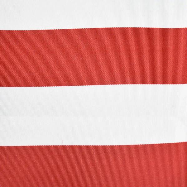 Red and white striped canopy fabric for a kids wooden sandpit