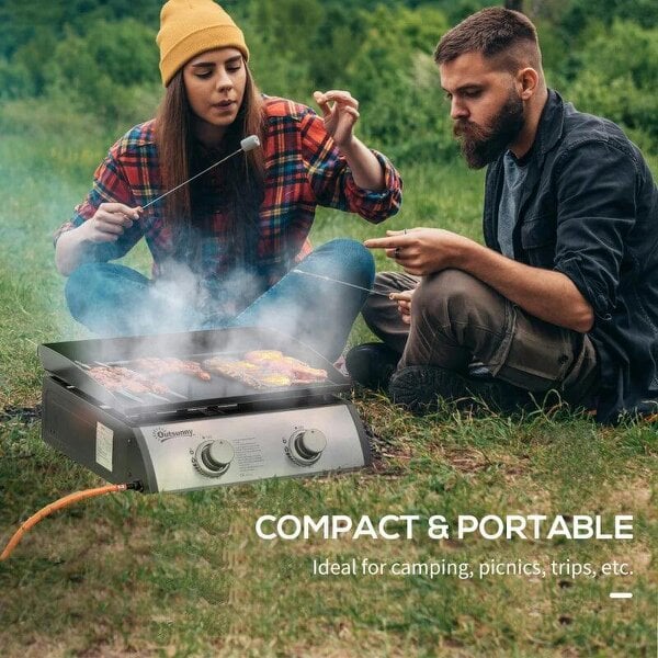 Bobobiy Gas Plancha Barbecue Grill with 2 Stainless Steel Burner, 5kW, Portable Tabletop Gas BBQ with Non-Stick Griddle for Camping Picnic Garden