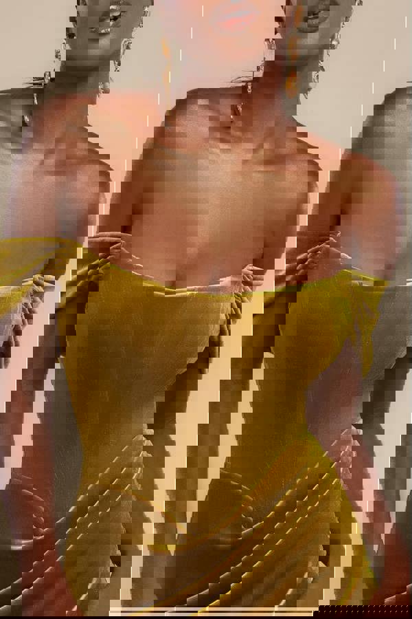 Draped Shoulder Velvet Corset Midi Dress - Olive Green DR4066