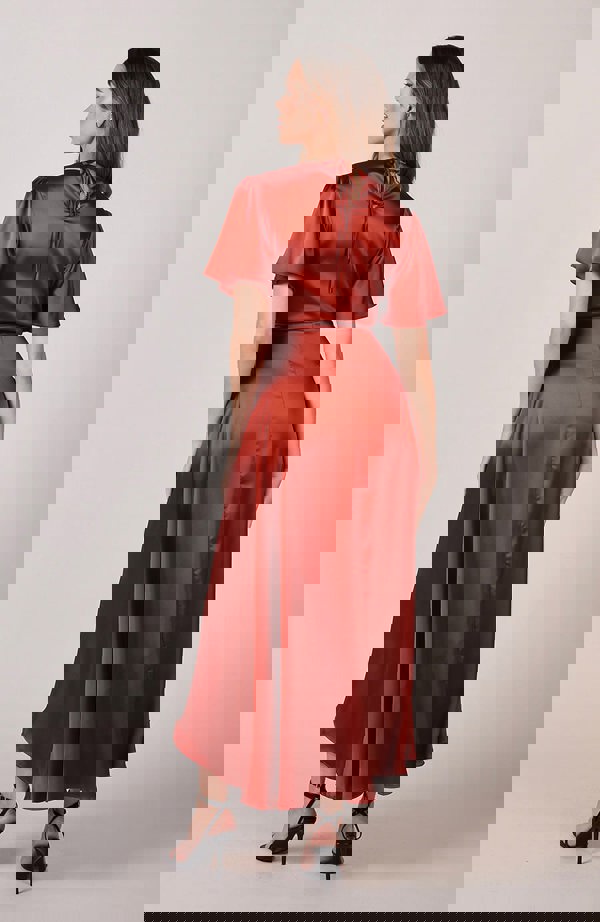 Satin wrap bridesmaids dress in burnt orange with a short sleeve A beautiful rich copper rust colour, this dress is a modern and stylish option for all occasions.