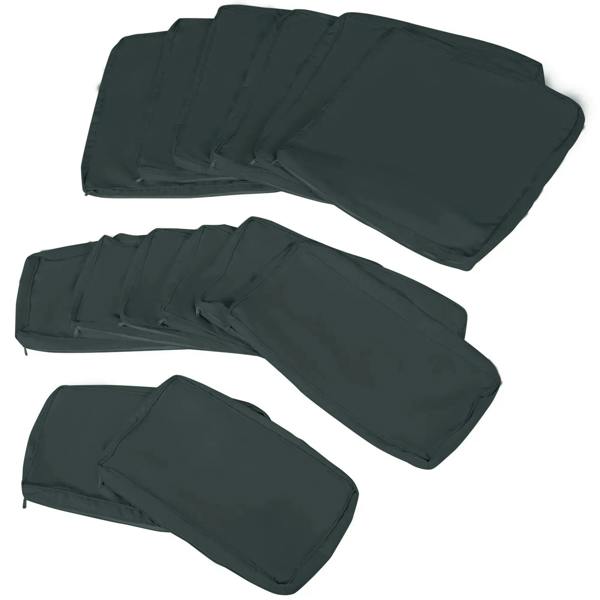 Dark grey outdoor rattan sofa cushion covers laid out as separate pieces