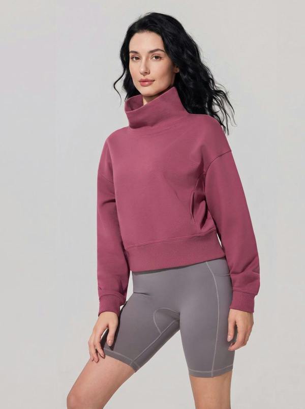 Anniou Cropped Mock Neck Pullover Sweatshirt - Dark Pink
