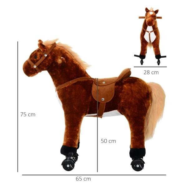 Plush brown ride-on rocking horse toy with tan saddle and four black rolling wheels