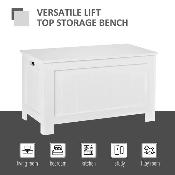 White lift-top storage bench with front slat panel and lift lid