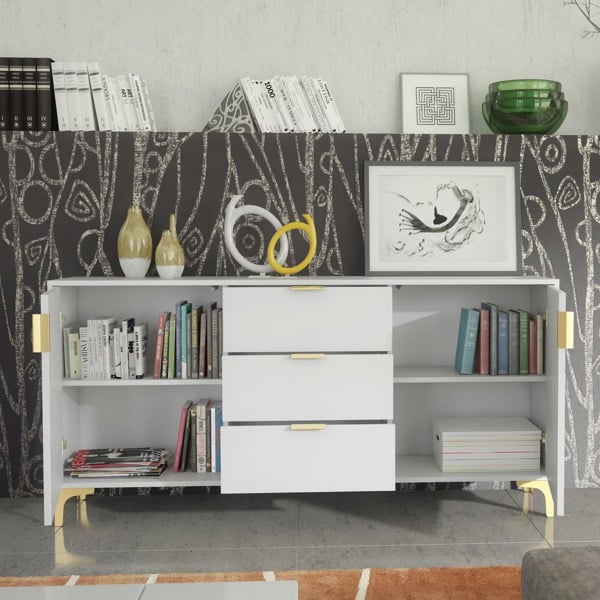 Mex Furniture Captivating White 140cm Sideboard with Ribbed Doors and Gold Accents