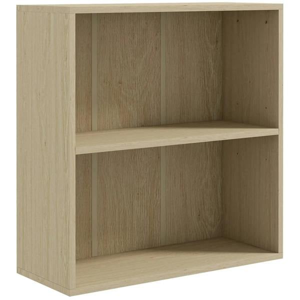 Natural wood 2-tier low bookcase with two open compartments and an inner shelf