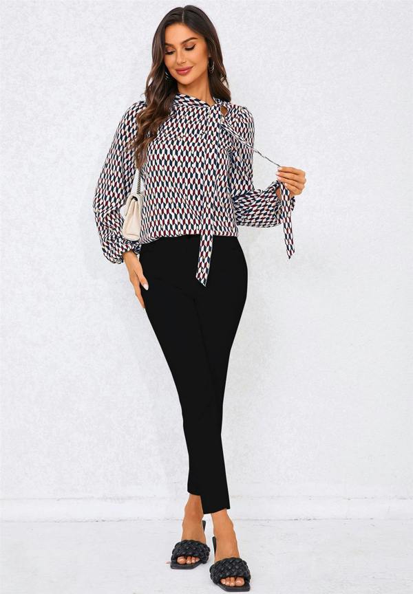 FS Collection Geo Print Side Tie Blouse Top In Wine