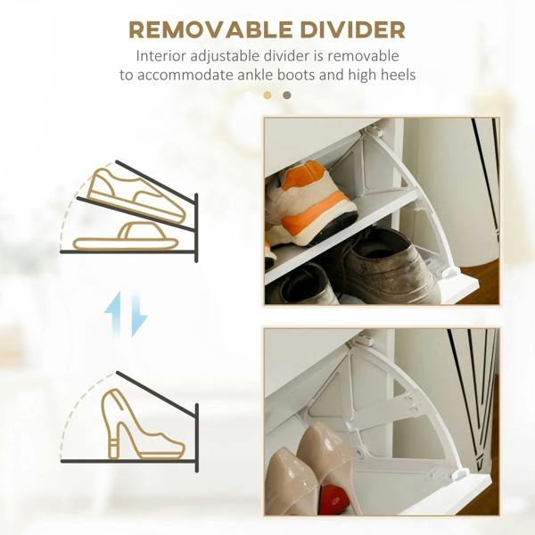 White shoe cabinet removable divider inside for separating boots and heels